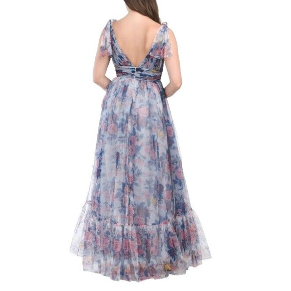 NWT Mac Duggal 113312 FLORAL PRINT RUCHED SOFT TIE SLEEVELESS GOWN BLUE MULTI - Picture 4 of 9